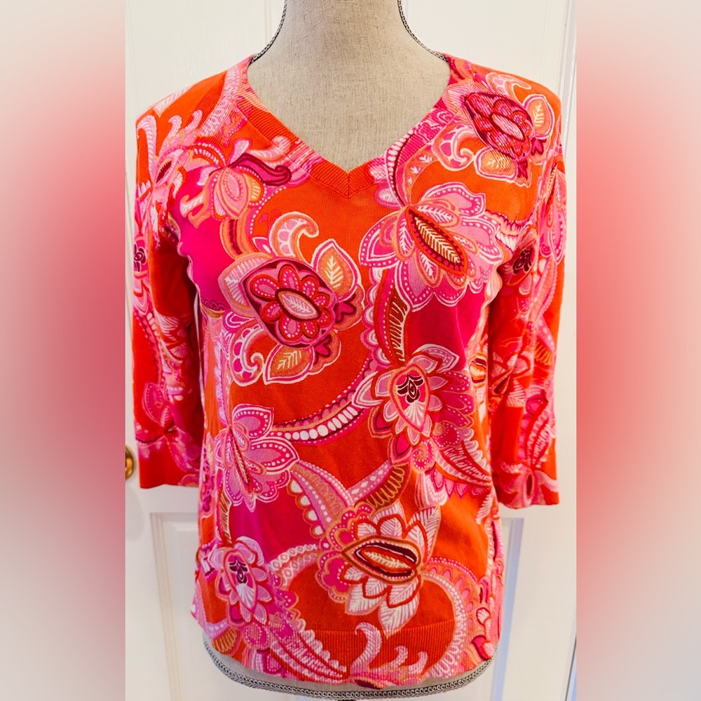 Talbots Petites Lightweight sweater MP orange pink paisley VNeck preppy Summer